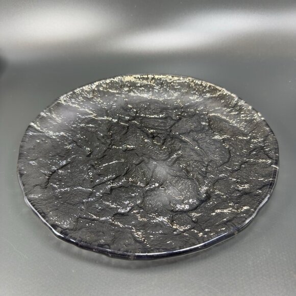 Vintage JSG Oceana Art Glass Metallic Black Texture Glass Dish Plate 9inch Wide - Picture 5 of 14